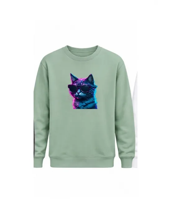 Mezatçı Dayı Gözlüklü Kedi Baskılı Uzun Kollu Sweatshirt