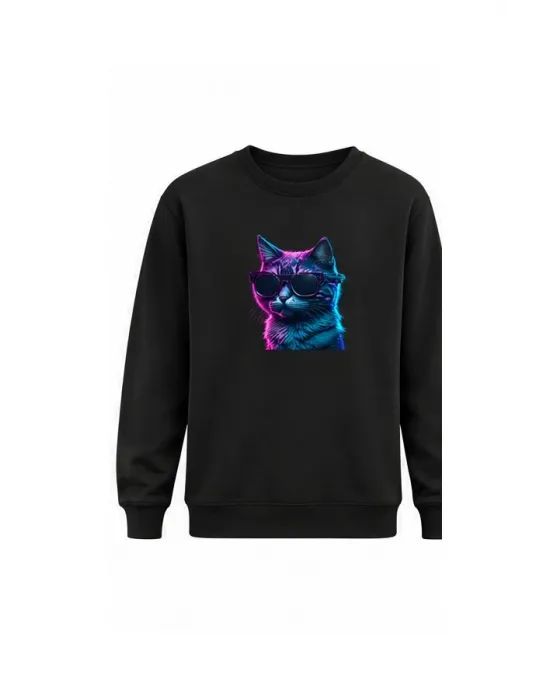 Mezatçı Dayı Gözlüklü Kedi Baskılı Uzun Kollu Sweatshirt
