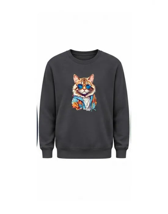 Mezatçı Dayı Kedi Baskılı Uzun Kollu Sweatshirt
