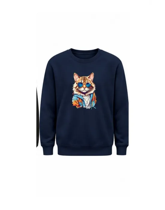 Mezatçı Dayı Kedi Baskılı Uzun Kollu Sweatshirt