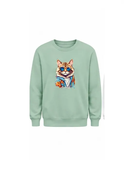 Mezatçı Dayı Kedi Baskılı Uzun Kollu Sweatshirt