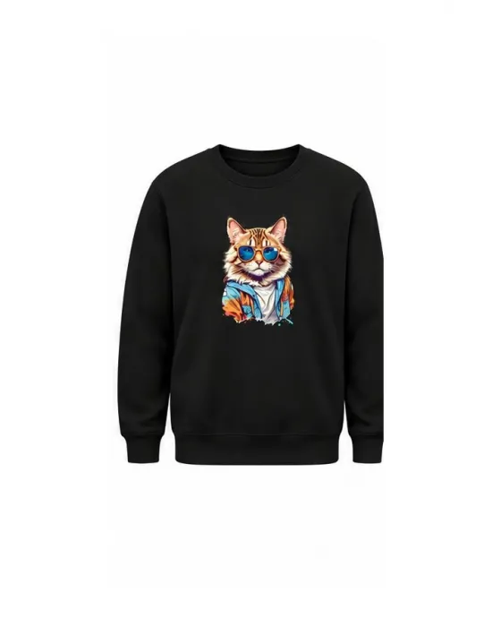 Mezatçı Dayı Kedi Baskılı Uzun Kollu Sweatshirt