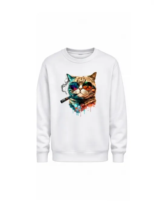 Mezatçı Dayı Purolu Kedi Baskılı Uzun Kollu Sweatshirt