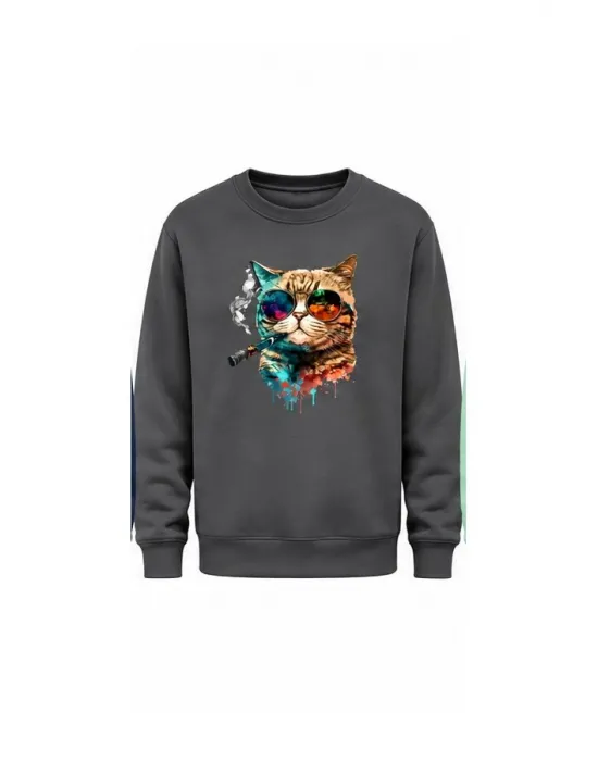 Mezatçı Dayı Purolu Kedi Baskılı Uzun Kollu Sweatshirt
