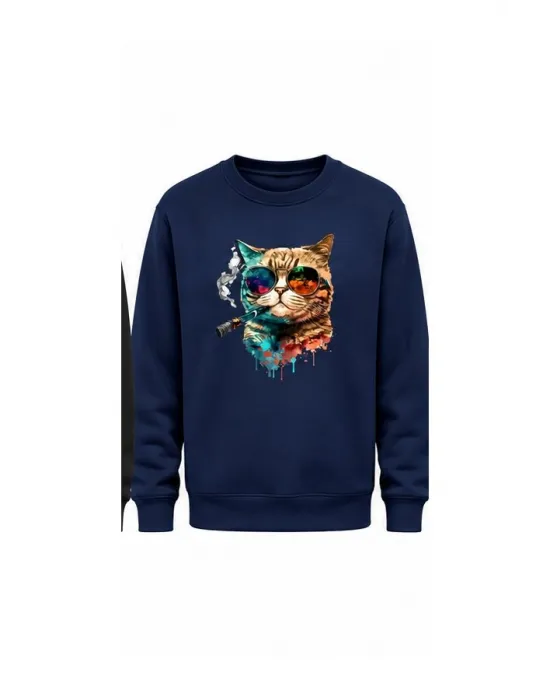 Mezatçı Dayı Purolu Kedi Baskılı Uzun Kollu Sweatshirt