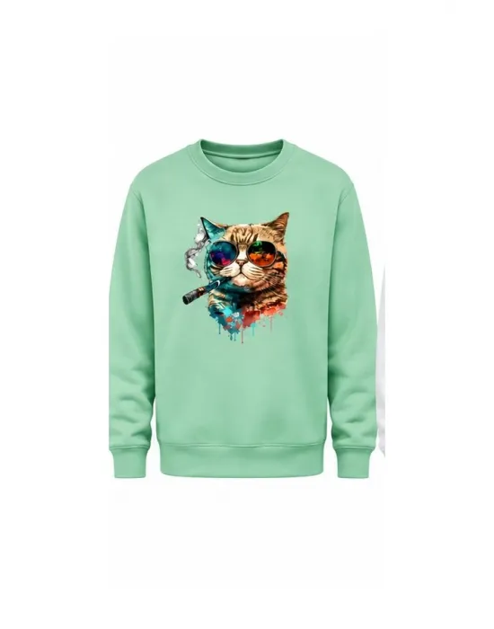 Mezatçı Dayı Purolu Kedi Baskılı Uzun Kollu Sweatshirt