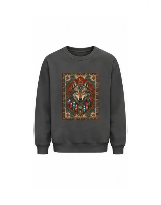 Mezatçı Dayı Halı Desenli Kurt Baskılı Uzun Kollu Sweatshirt
