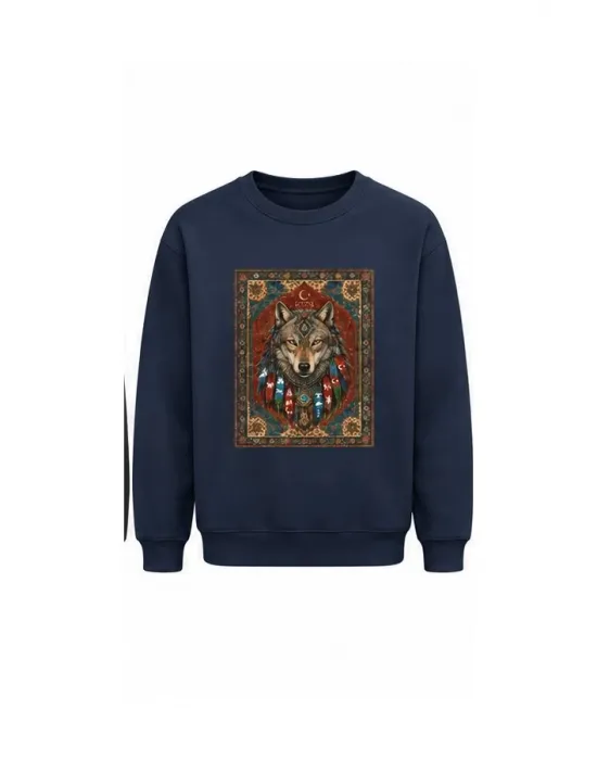 Mezatçı Dayı Halı Desenli Kurt Baskılı Uzun Kollu Sweatshirt