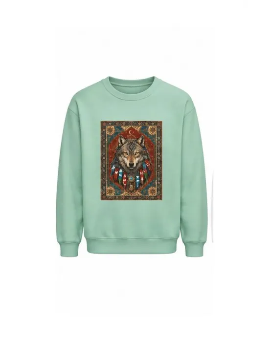 Mezatçı Dayı Halı Desenli Kurt Baskılı Uzun Kollu Sweatshirt
