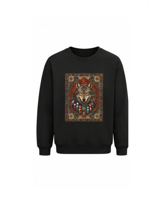 Mezatçı Dayı Halı Desenli Kurt Baskılı Uzun Kollu Sweatshirt