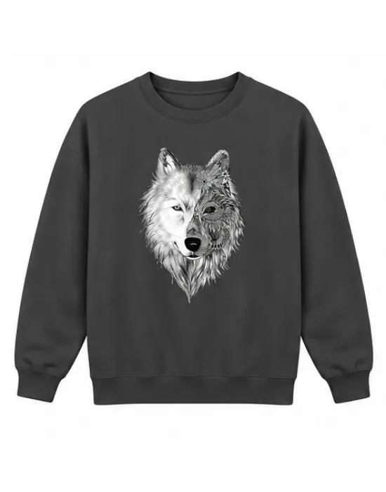 Mezatçı Dayı İki Ton Kurt Baskılı Füme Uzun Kollu Sweatshirt