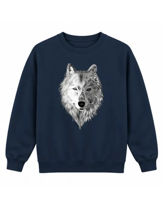Mezatçı Dayı İki Ton Kurt Baskılı Lacivert Uzun Kollu Sweatshirt