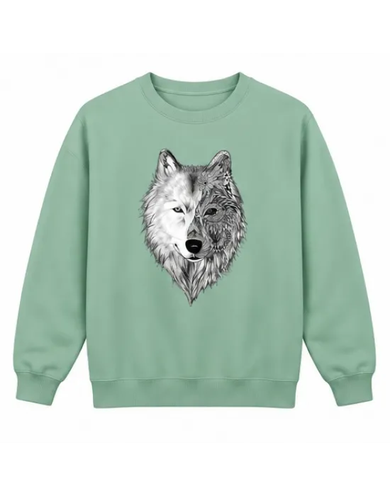 Mezatçı Dayı İki Ton Kurt Baskılı Mint Uzun Kollu Sweatshirt