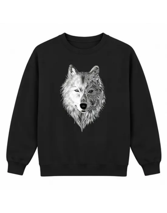 Mezatçı Dayı İki Ton Kurt Baskılı Siyah Uzun Kollu Sweatshirt