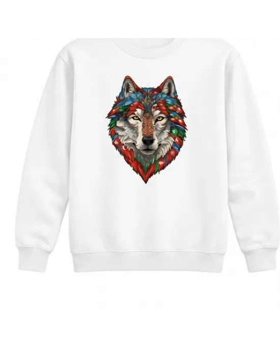 Mezatçı Dayı Renkli Kurt Portre Baskılı Beyaz Uzun Kollu Sweatshirt