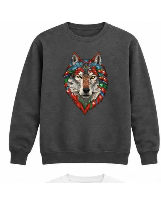 Mezatçı Dayı Renkli Kurt Portre Baskılı Füme Uzun Kollu Sweatshirt