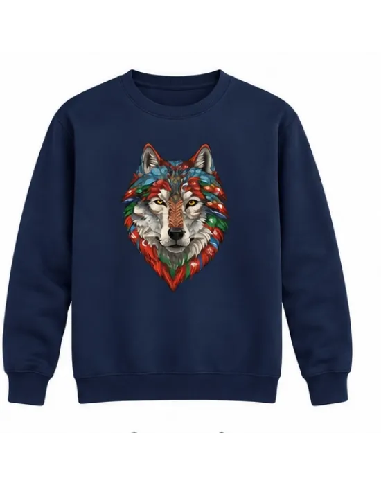 Mezatçı Dayı Renkli Kurt Portre Baskılı Lacivert Uzun Kollu Sweatshirt