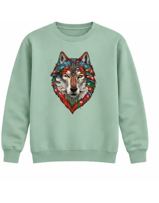 Mezatçı Dayı Renkli Kurt Portre Baskılı Mint Uzun Kollu Sweatshirt