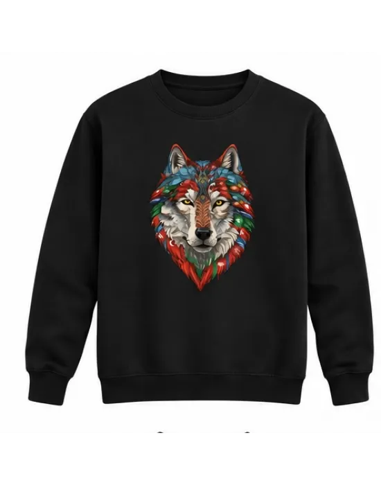 Mezatçı Dayı Renkli Kurt Portre Baskılı Siyah Uzun Kollu Sweatshirt