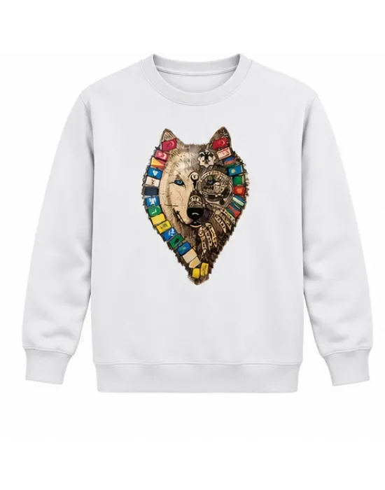 Mezatçı Dayı Türk Motifli Kurt Baskılı Beyaz Uzun Kollu Sweatshirt