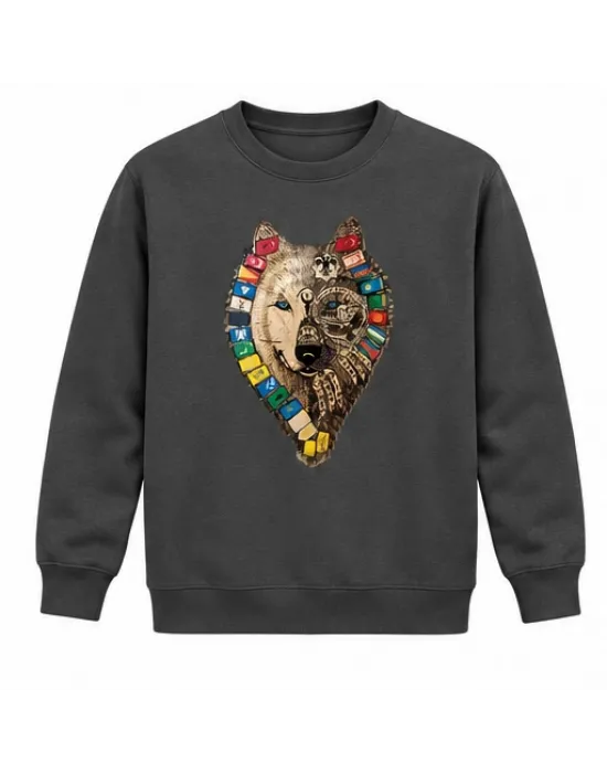 Mezatçı Dayı Türk Motifli Kurt Baskılı Füme Uzun Kollu Sweatshirt