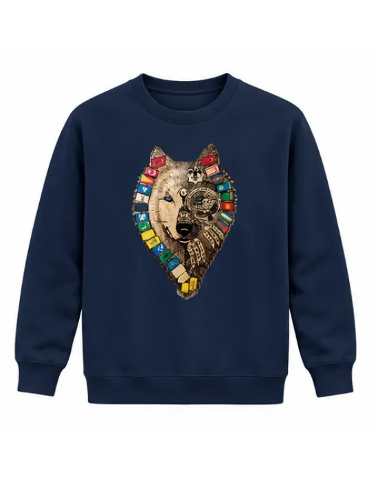 Mezatçı Dayı Türk Motifli Kurt Baskılı Lacivert Uzun Kollu Sweatshirt