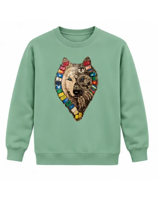 Mezatçı Dayı Türk Motifli Kurt Baskılı Mint Uzun Kollu Sweatshirt