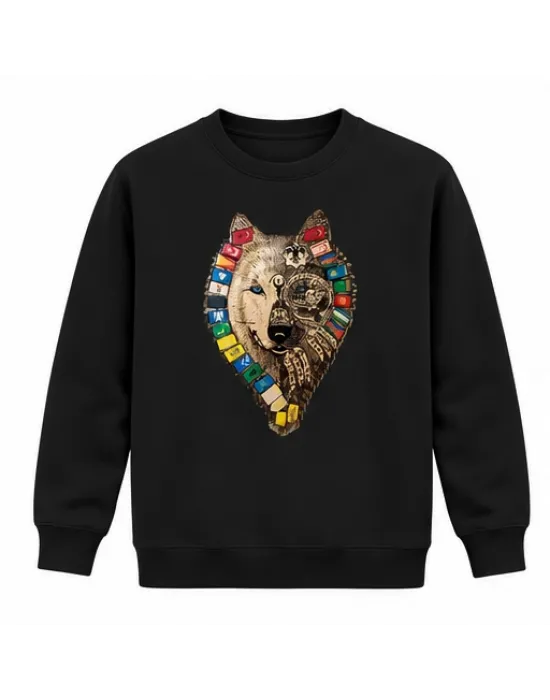 Mezatçı Dayı Türk Motifli Kurt Baskılı Siyah Uzun Kollu Sweatshirt
