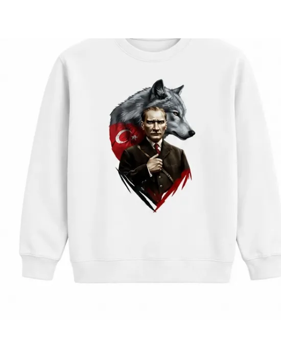 Mezatçı Dayı Atatürk Silüeti Baskılı Beyaz Uzun Kollu Sweatshirt