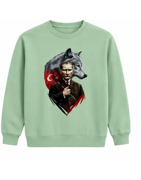 Mezatçı Dayı Atatürk Silüeti Baskılı Mint Uzun Kollu Sweatshirt