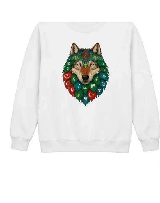 Mezatçı Dayı Renkli Bozkurt Arması Baskılı Beyaz Uzun Kollu Sweatshirt
