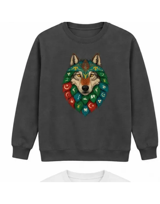 Mezatçı Dayı Renkli Bozkurt Arması Baskılı Füme Uzun Kollu Sweatshirt