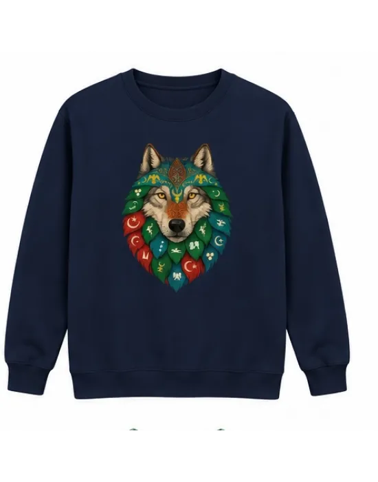 Mezatçı Dayı Renkli Bozkurt Arması Baskılı Lacivert Uzun Kollu Sweatshirt