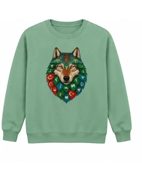Mezatçı Dayı Renkli Bozkurt Arması Baskılı Mint Uzun Kollu Sweatshirt