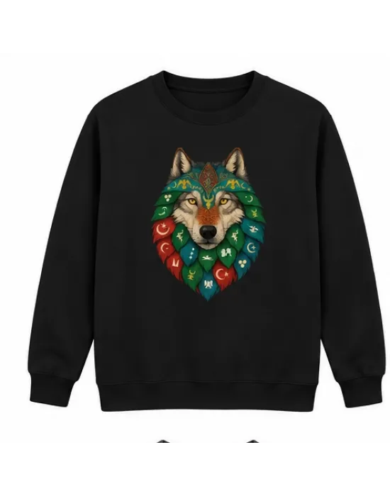 Mezatçı Dayı Renkli Bozkurt Arması Baskılı Siyah Uzun Kollu Sweatshirt