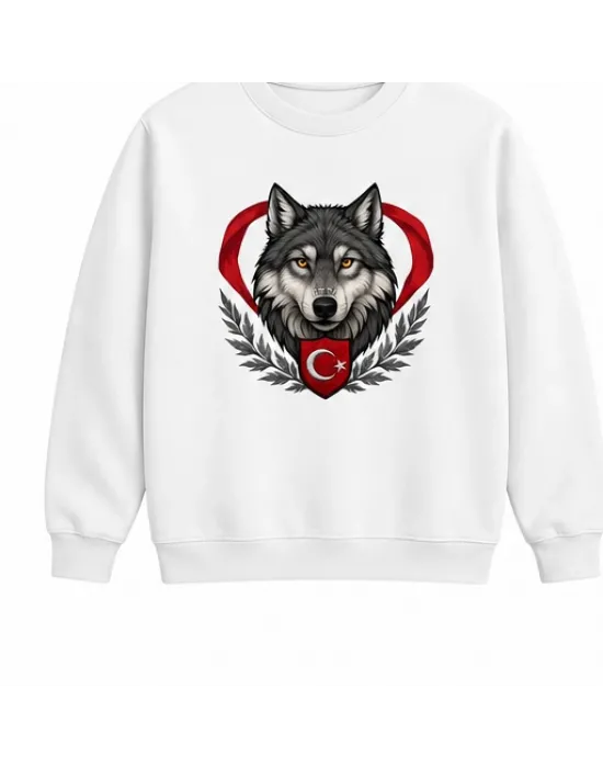 Mezatçı Dayı Hilal Yıldız Bozkurt Baskılı Beyaz Uzun Kollu Sweatshirt