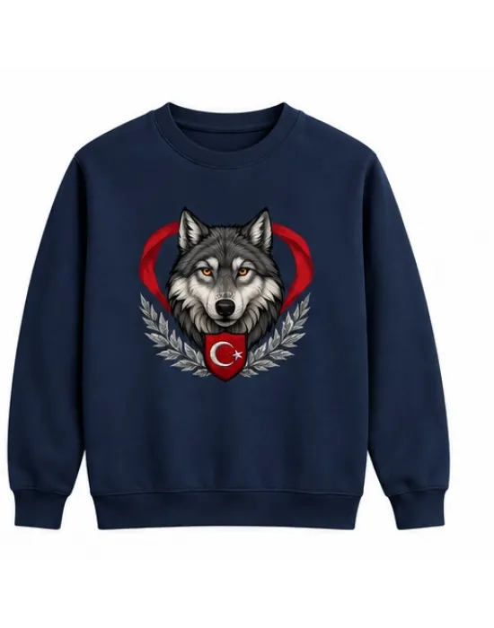 Mezatçı Dayı Hilal Yıldız Bozkurt Baskılı Lacivert Uzun Kollu Sweatshirt