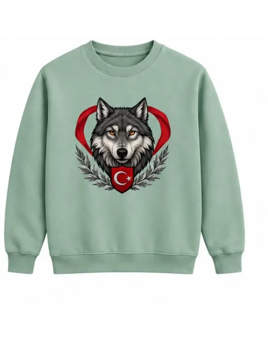 Mezatçı Dayı Hilal Yıldız Bozkurt Baskılı Mint Uzun Kollu Sweatshirt