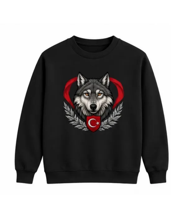 Mezatçı Dayı Hilal Yıldız Bozkurt Baskılı Siyah Uzun Kollu Sweatshirt