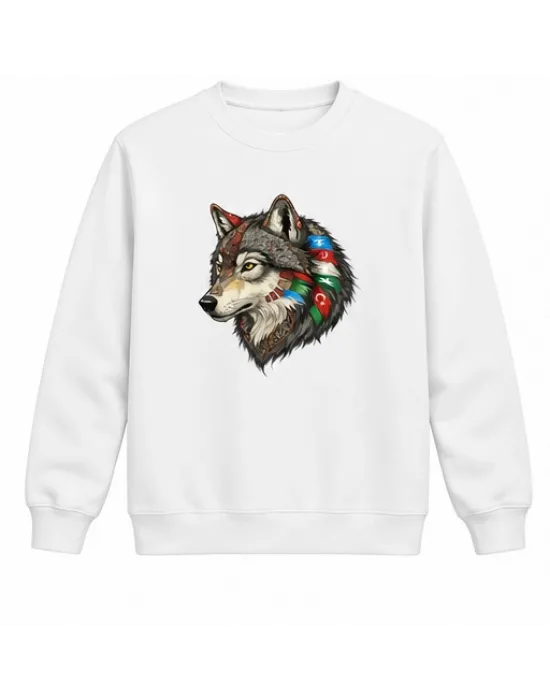 Mezatçı Dayı Kurt Profili Baskılı Beyaz Uzun Kollu Sweatshirt