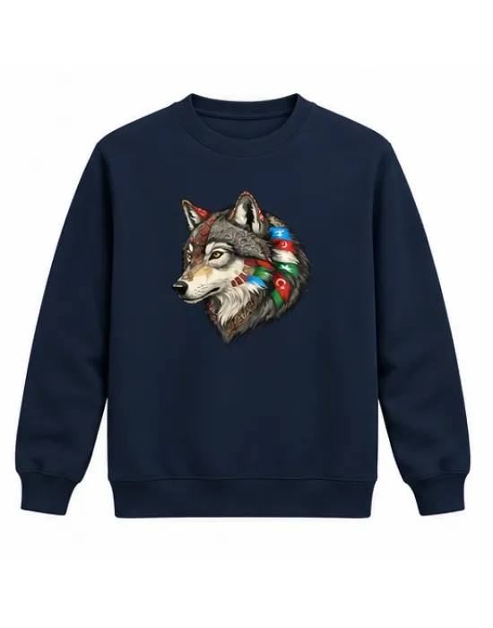 Mezatçı Dayı Kurt Profili Baskılı Lacivert Uzun Kollu Sweatshirt