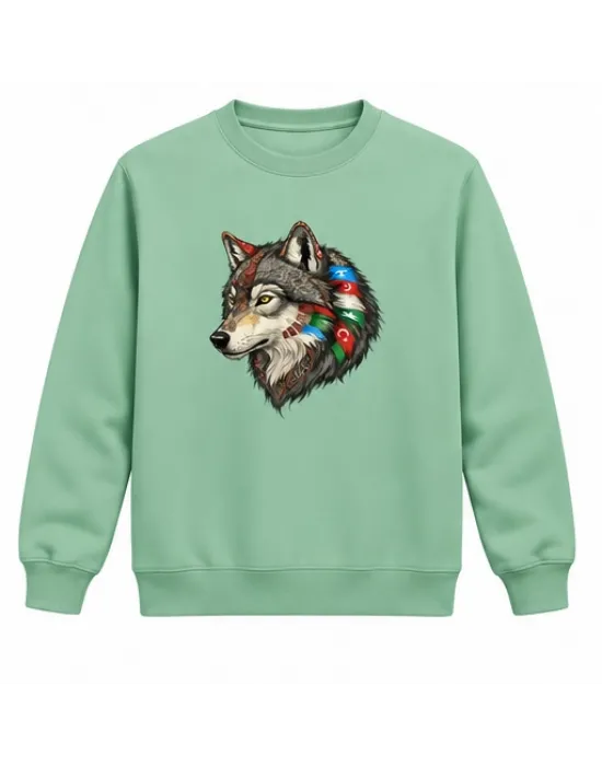 Mezatçı Dayı Kurt Profili Baskılı Mint Uzun Kollu Sweatshirt
