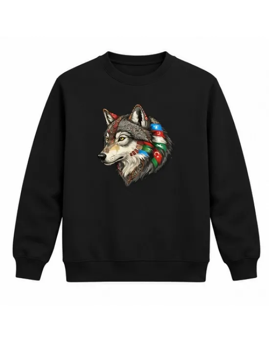 Mezatçı Dayı Kurt Profili Baskılı Siyah Uzun Kollu Sweatshirt