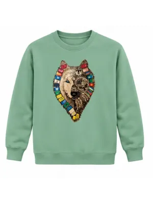 Mezatçı Dayı Türk Motifli Kurt Baskılı Mint Uzun Kollu Sweatshirt