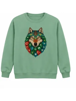 Mezatçı Dayı Renkli Bozkurt Arması Baskılı Mint Uzun Kollu Sweatshirt