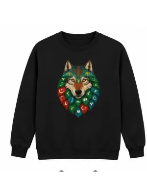 Mezatçı Dayı Renkli Bozkurt Arması Baskılı Siyah Uzun Kollu Sweatshirt