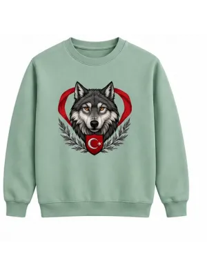 Mezatçı Dayı Hilal Yıldız Bozkurt Baskılı Mint Uzun Kollu Sweatshirt
