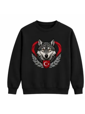 Mezatçı Dayı Hilal Yıldız Bozkurt Baskılı Siyah Uzun Kollu Sweatshirt