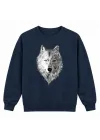 Mezatçı Dayı İki Ton Kurt Baskılı Lacivert Uzun Kollu Sweatshirt