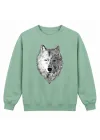 Mezatçı Dayı İki Ton Kurt Baskılı Mint Uzun Kollu Sweatshirt